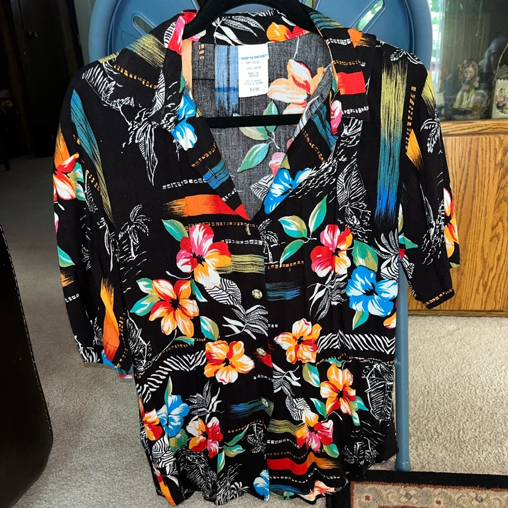 Floral Orange and Blue 3/4 Sleeve Relaxed Notched Collar Blouse